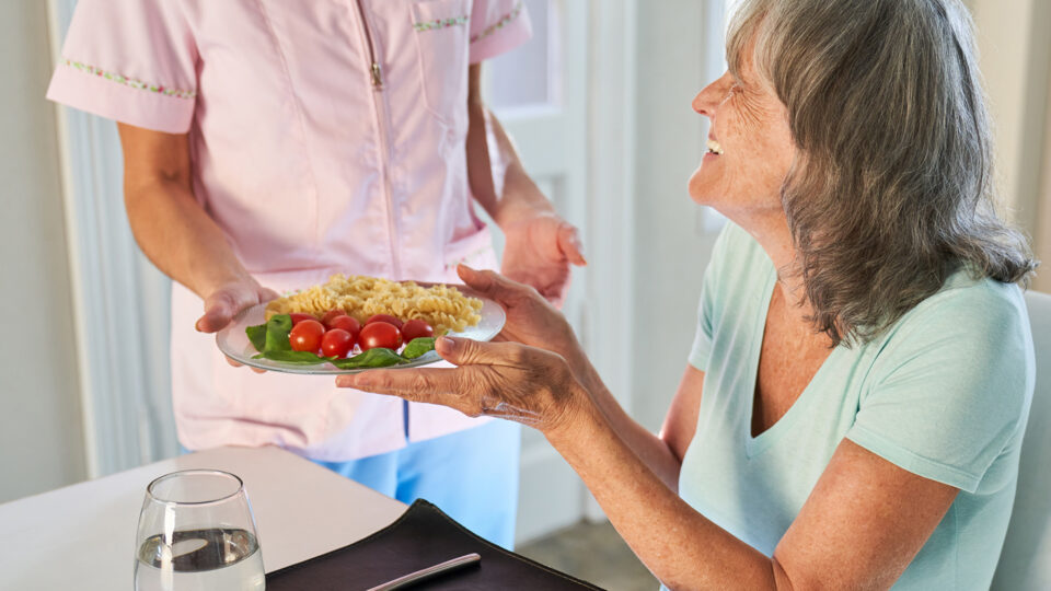 carer bringing meal to elderly citizen at the table