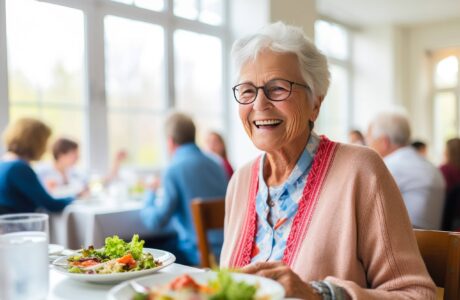 senior woman in a retirement home happily enjoying a healthy lunch